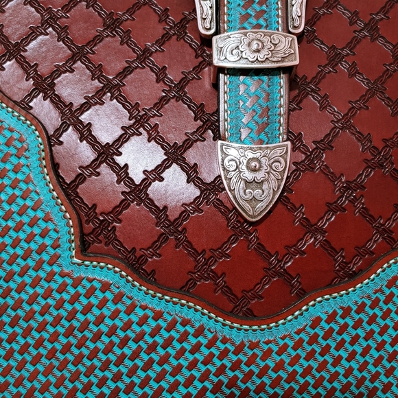 SILVERTIP Hobo Satchel Tooled Leather Saddle Brown and Turquoise Blue and Silver - Picture 8 of 12